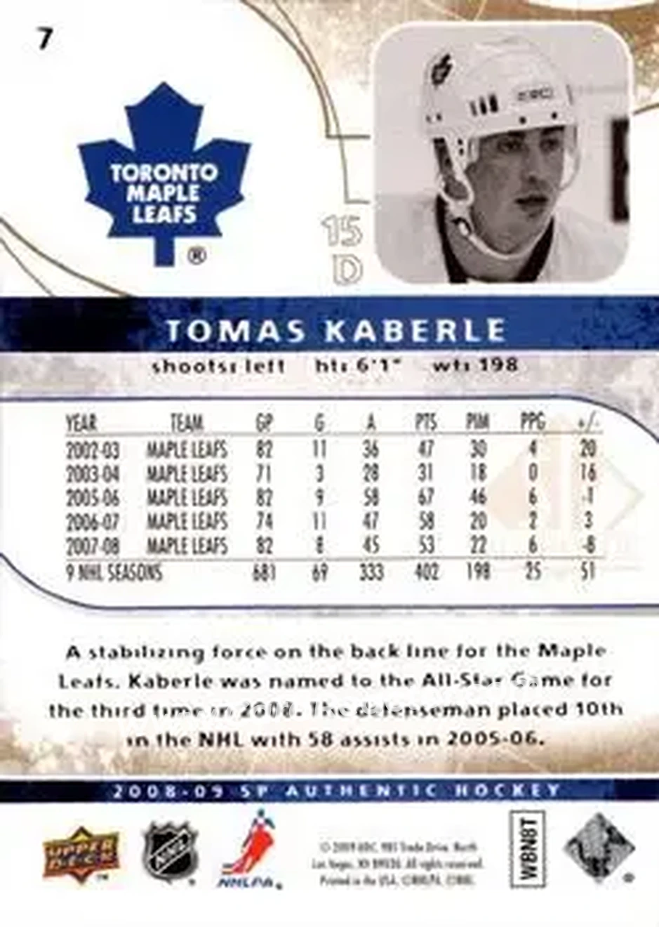 2008-09 SP Authentic - Limited #7 - Tomas Kaberle - Toronto Maple Leafs - Back