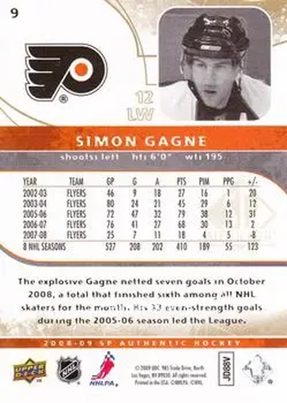 2008-09 SP Authentic - Limited #9 - Simon Gagne - Philadelphia Flyers - Back 2008-09 SP Authentic - Limited #9 - Simon Gagne - Philadelphia Flyers - Back