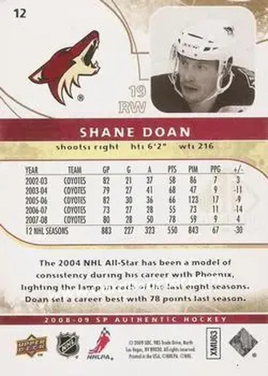 2008-09 SP Authentic - Limited #12 - Shane Doan - Phoenix Coyotes - Back