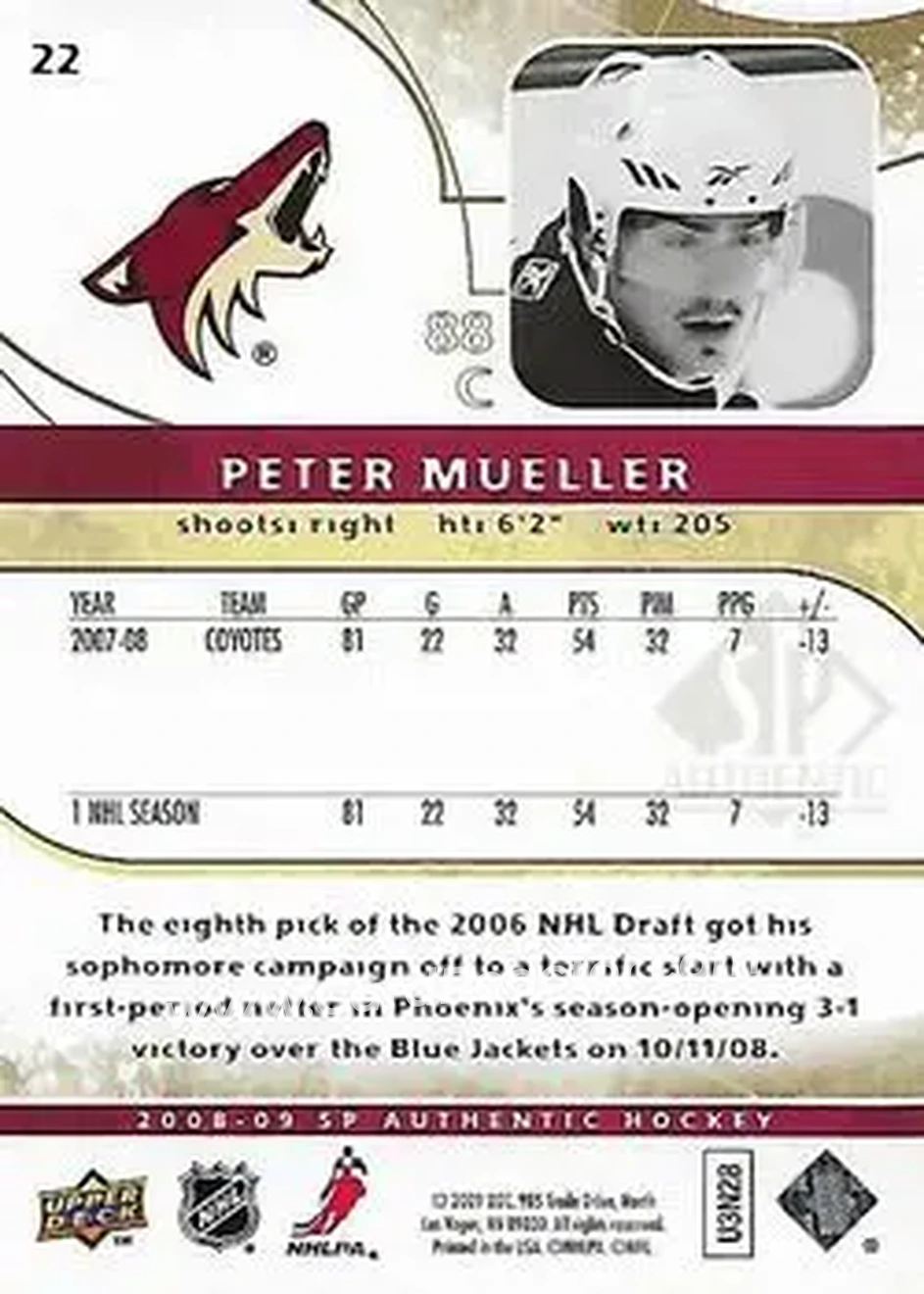 2008-09 SP Authentic - Limited #22 - Peter Mueller - Phoenix Coyotes - Back 2008-09 SP Authentic - Limited #22 - Peter Mueller - Phoenix Coyotes - Back