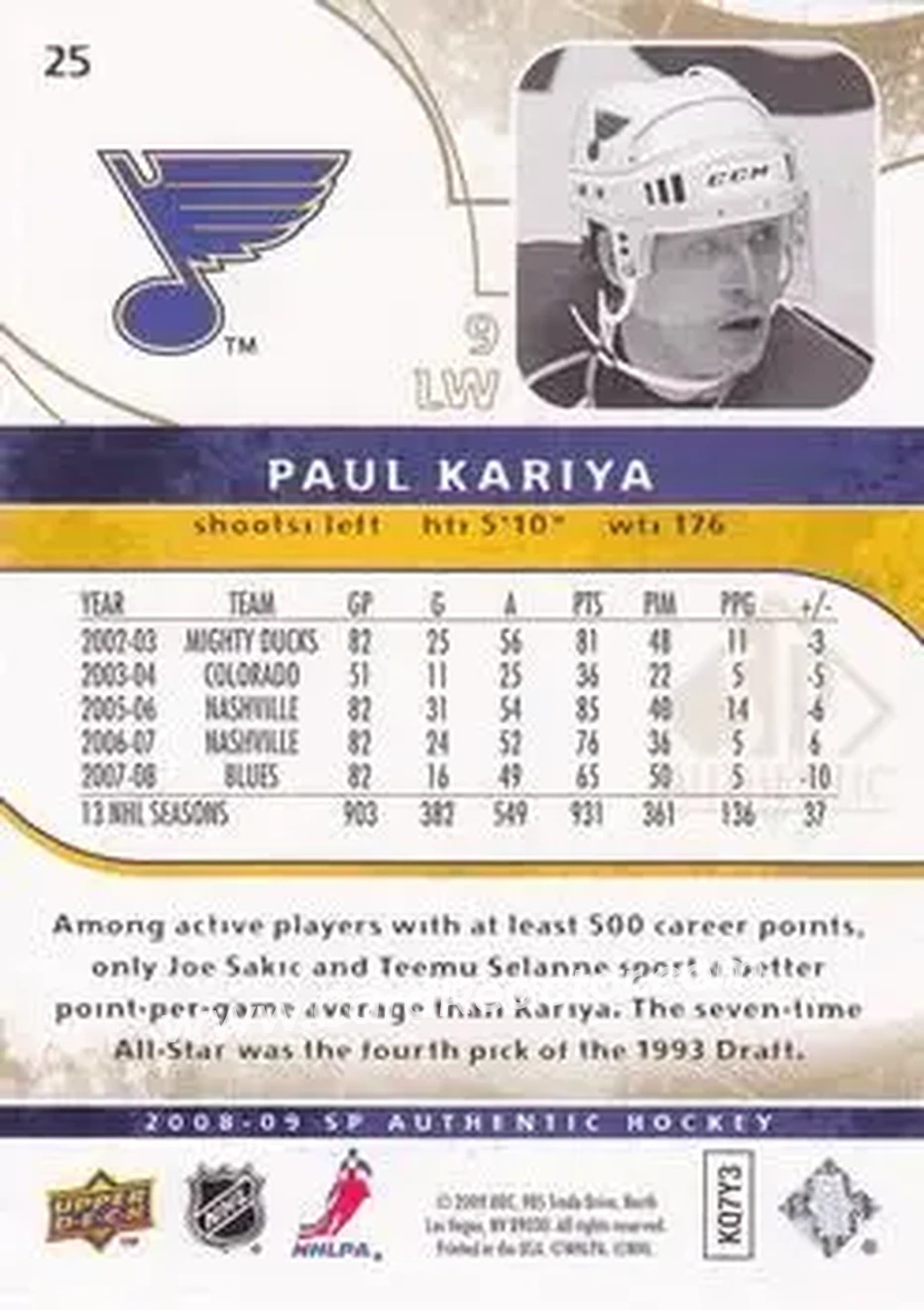 2008-09 SP Authentic - Limited #25 - Paul Kariya - St. Louis Blues - Back 2008-09 SP Authentic - Limited #25 - Paul Kariya - St. Louis Blues - Back