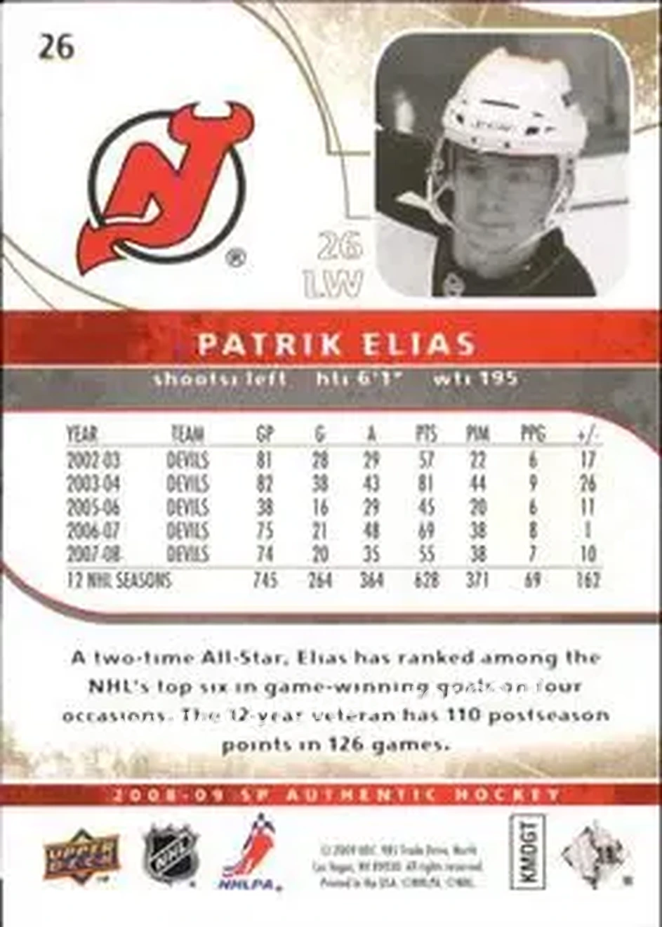 2008-09 SP Authentic - Limited #26 - Patrik Elias - New Jersey Devils - Back 2008-09 SP Authentic - Limited #26 - Patrik Elias - New Jersey Devils - Back