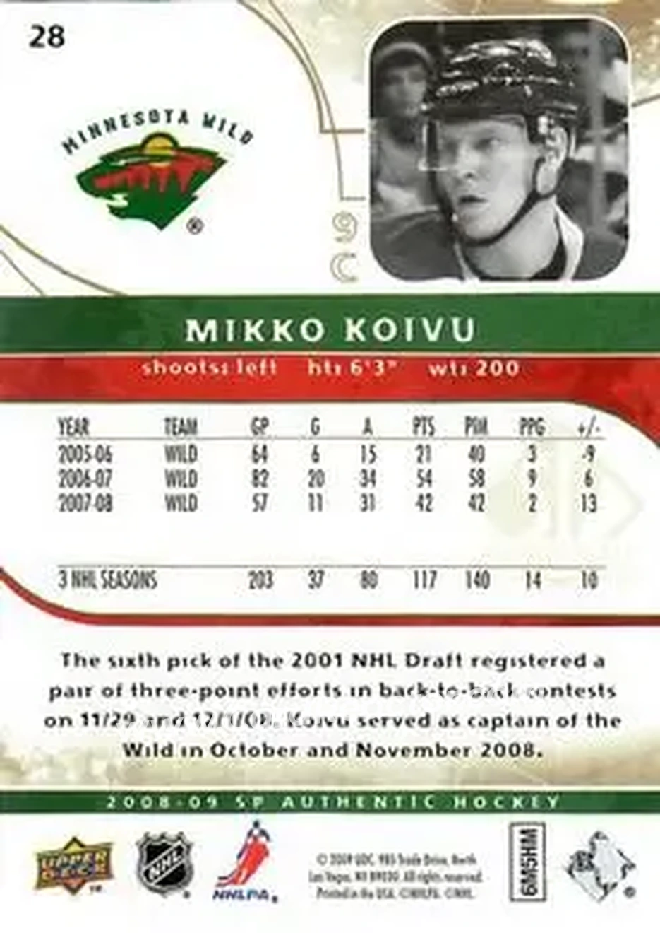 2008-09 SP Authentic - Limited #28 - Mikko Koivu - Minnesota Wild - Back