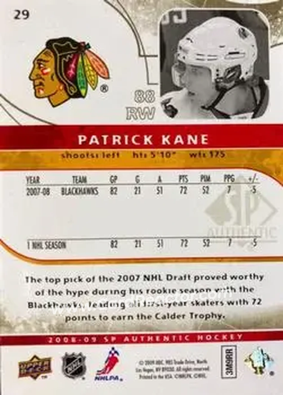 2008-09 SP Authentic - Limited #29 - Patrick Kane - Chicago Blackhawks - Back 2008-09 SP Authentic - Limited #29 - Patrick Kane - Chicago Blackhawks - Back