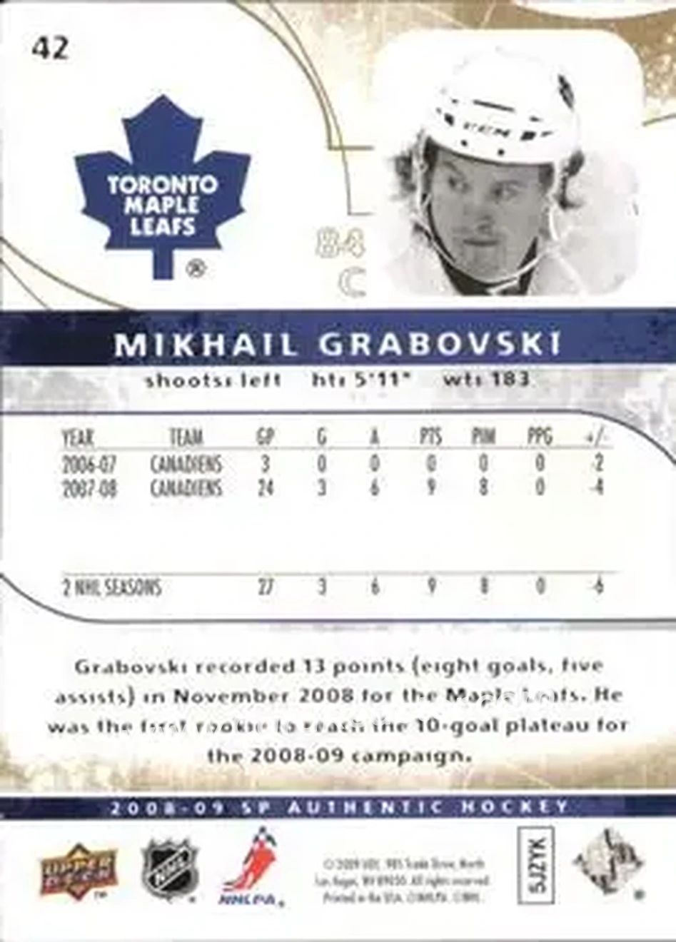 2008-09 SP Authentic - Limited #42 - Mikhail Grabovski - Toronto Maple Leafs - Back