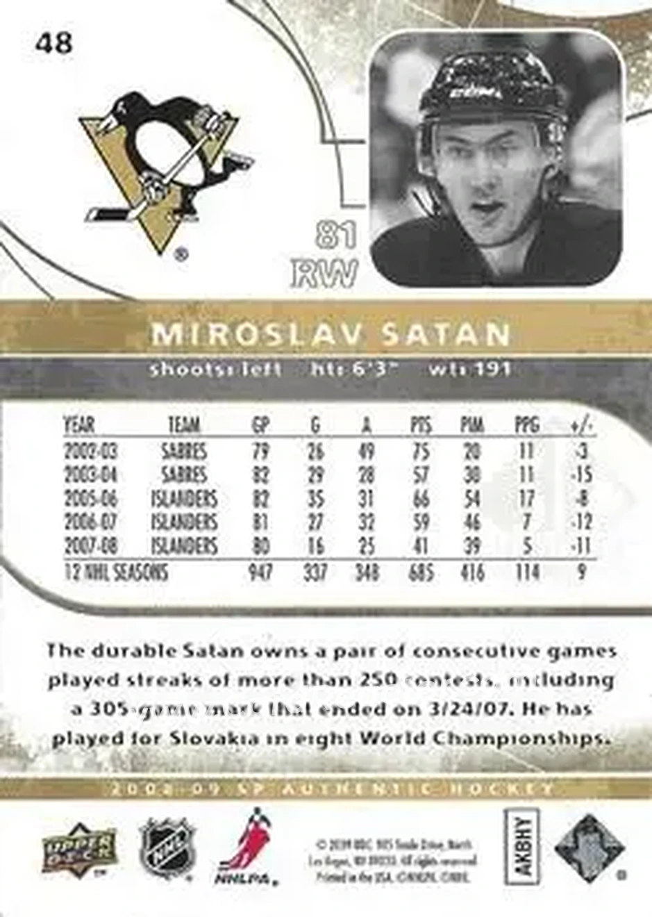 2008-09 SP Authentic - Limited #48 - Miroslav Satan - Pittsburgh Penguins - Back