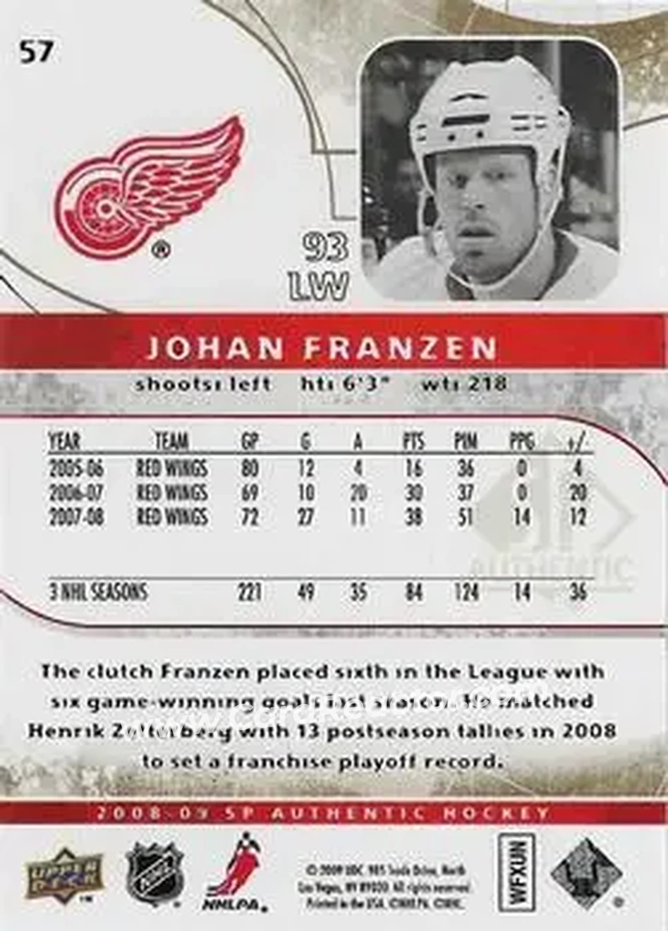 2008-09 SP Authentic - Limited #57 - Johan Franzen - Detroit Red Wings - Back