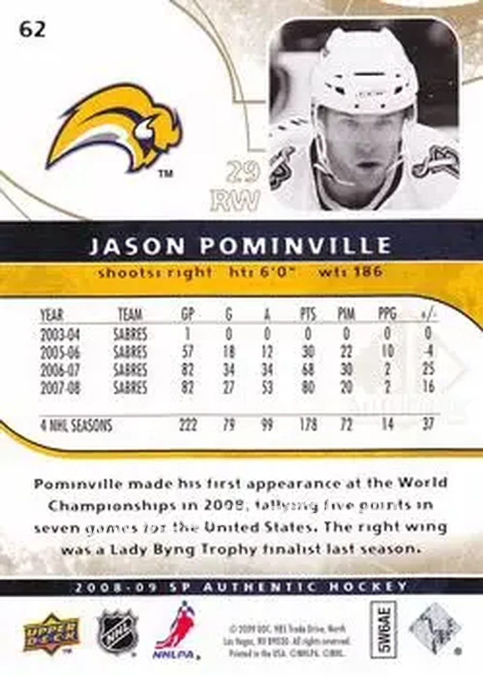 2008-09 SP Authentic - Limited #62 - Jason Pominville - Buffalo Sabres - Back