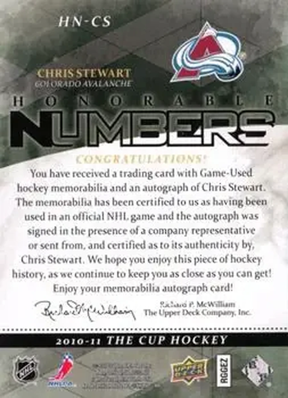 2010-11 Upper Deck The Cup - Honorable Numbers #HN-CS - Chris Stewart - Colorado Avalanche - Back