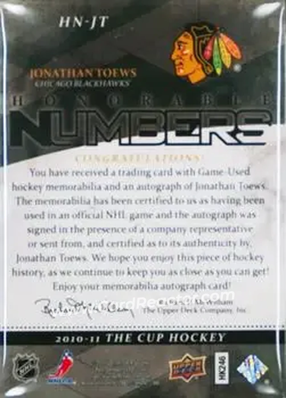 2010-11 Upper Deck The Cup - Honorable Numbers #HN-JT - Jonathan Toews - Chicago Blackhawks - Back