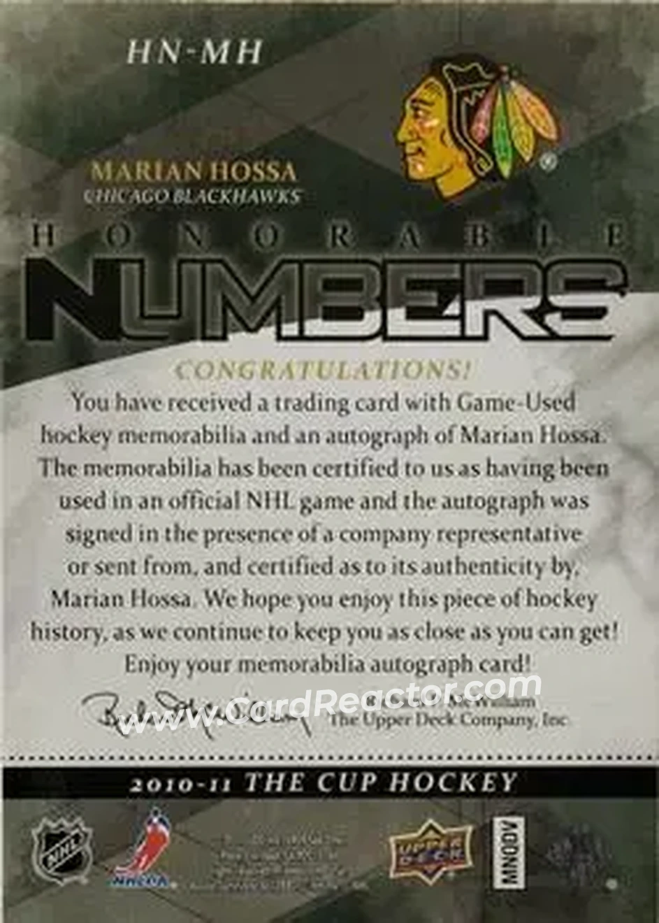 2010-11 Upper Deck The Cup - Honorable Numbers #HN-MH - Marian Hossa - Chicago Blackhawks - Back 2010-11 Upper Deck The Cup - Honorable Numbers #HN-MH - Marian Hossa - Chicago Blackhawks - Back