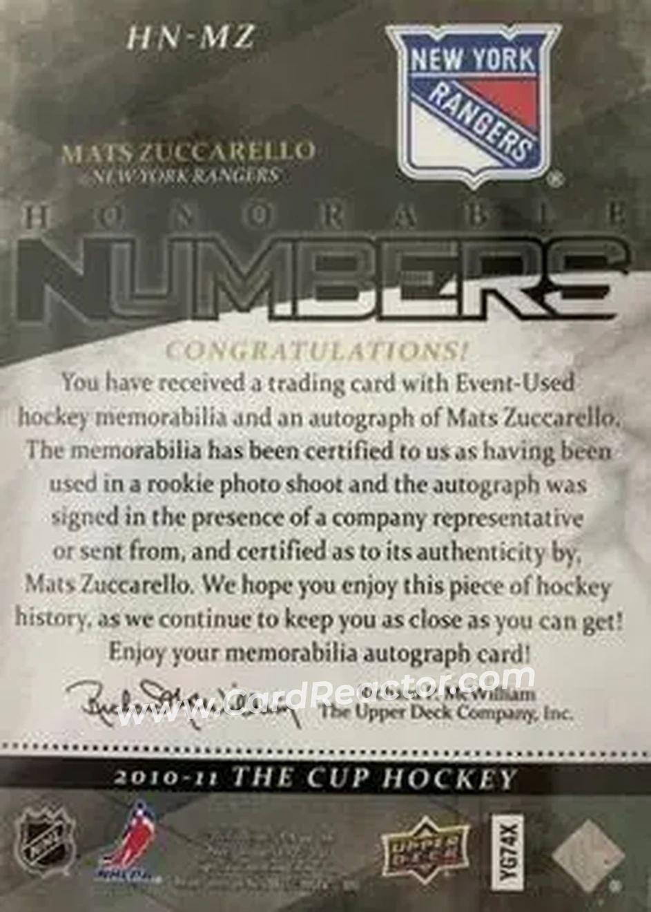 2010-11 Upper Deck The Cup - Honorable Numbers #HN-MZ - Mats Zuccarello - New York Rangers - Back