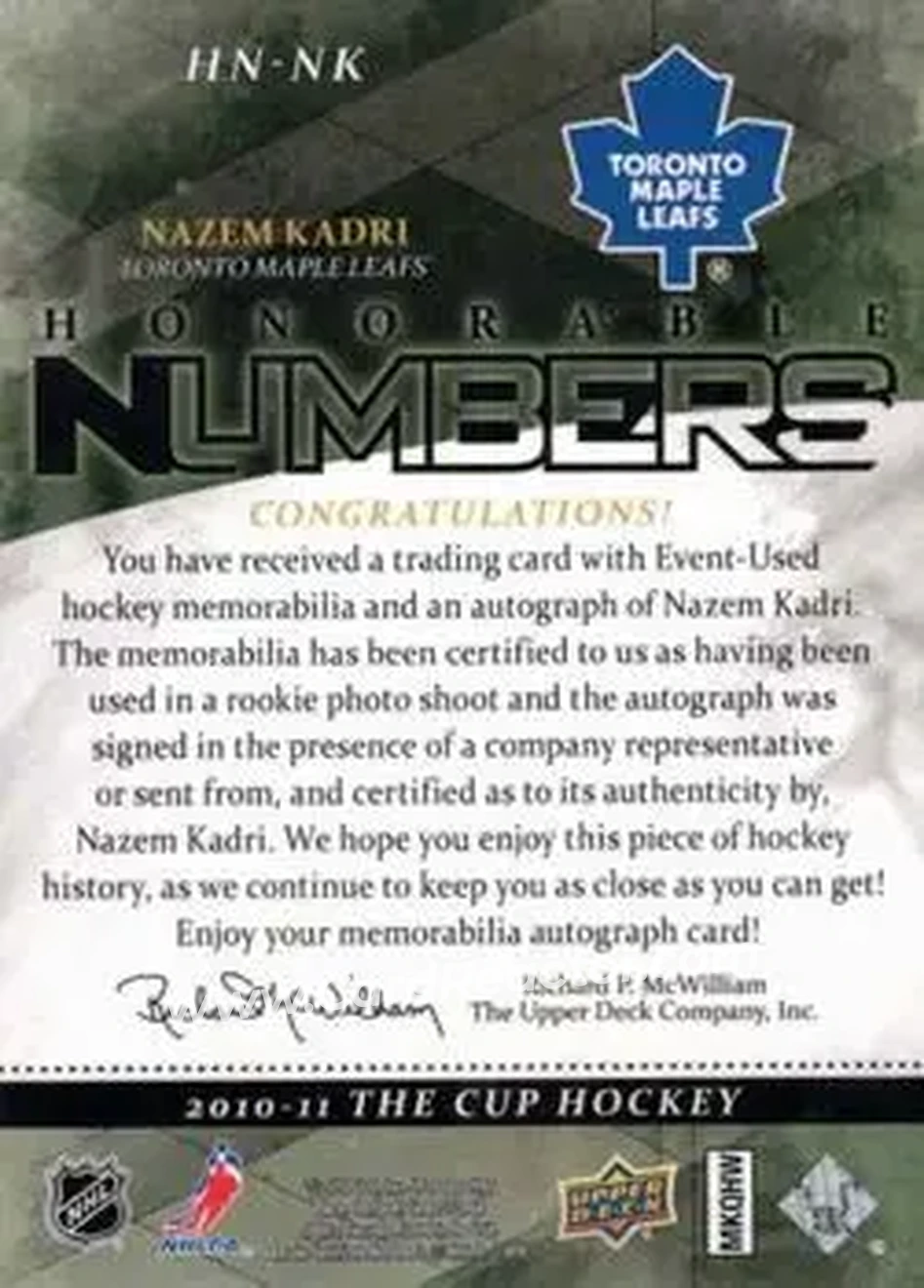 2010-11 Upper Deck The Cup - Honorable Numbers #HN-NK - Nazem Kadri - Toronto Maple Leafs - Back