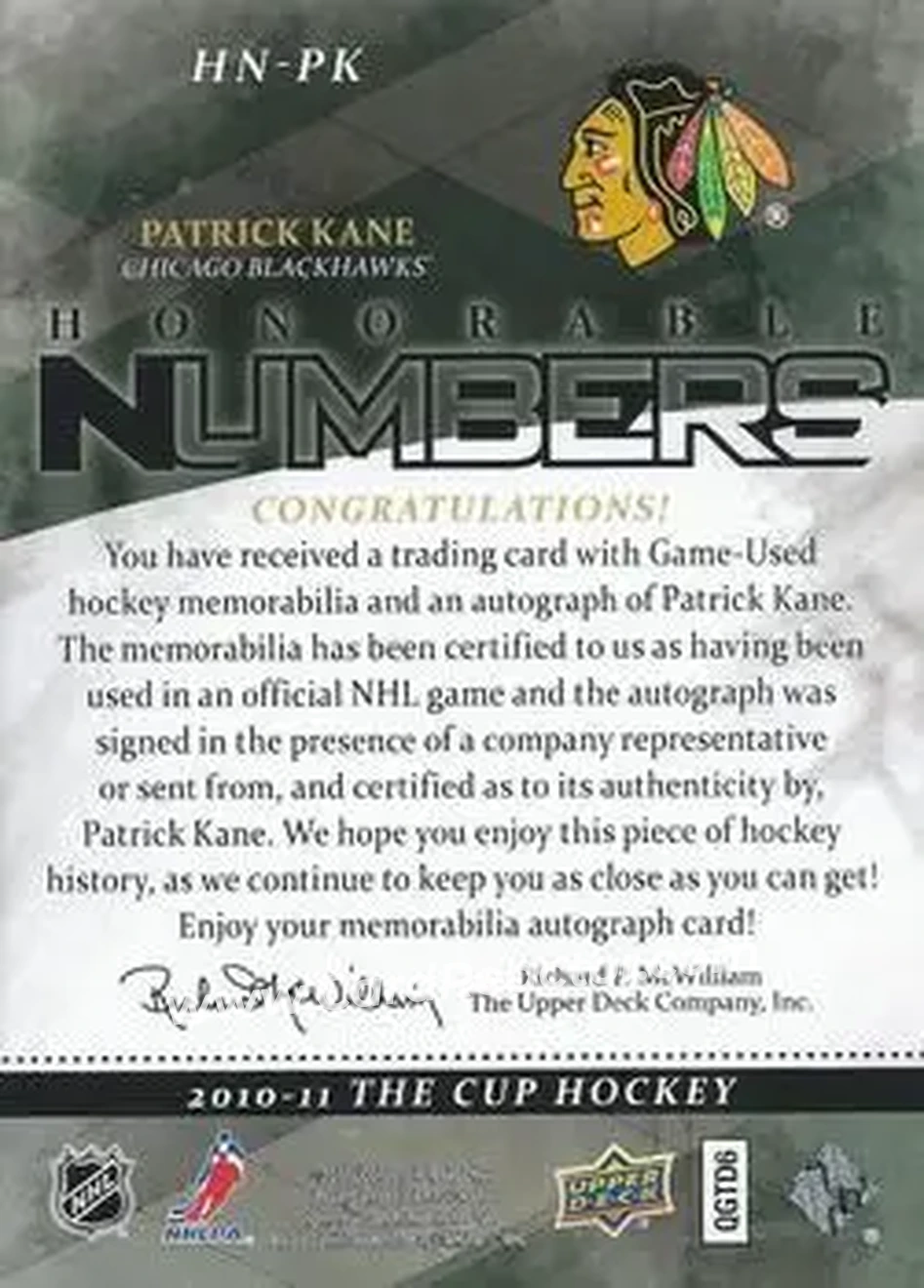 2010-11 Upper Deck The Cup - Honorable Numbers #HN-PK - Patrick Kane - Chicago Blackhawks - Back