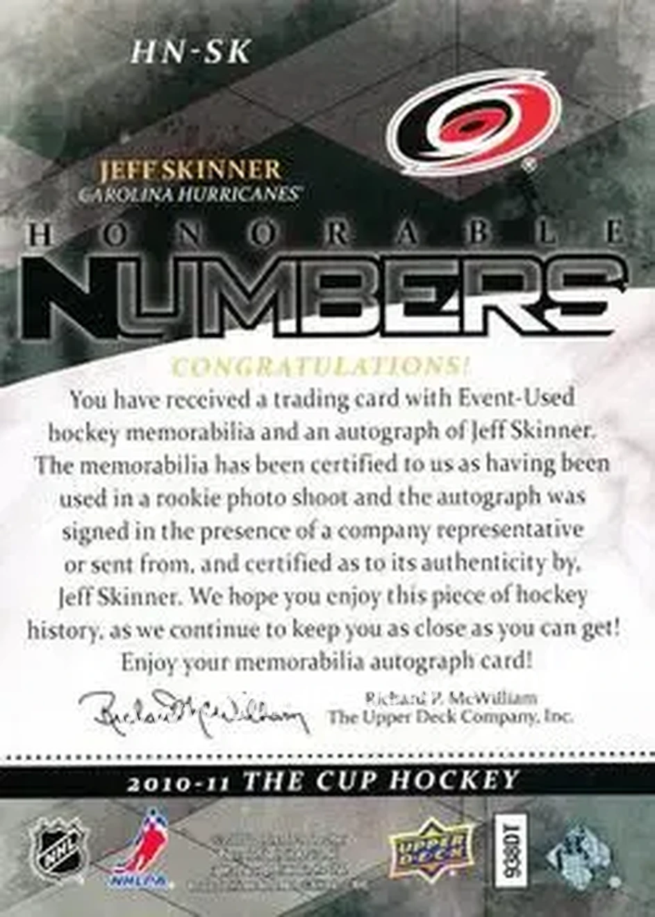 2010-11 Upper Deck The Cup - Honorable Numbers #HN-SK - Jeff Skinner - Carolina Hurricanes - Back 2010-11 Upper Deck The Cup - Honorable Numbers #HN-SK - Jeff Skinner - Carolina Hurricanes - Back
