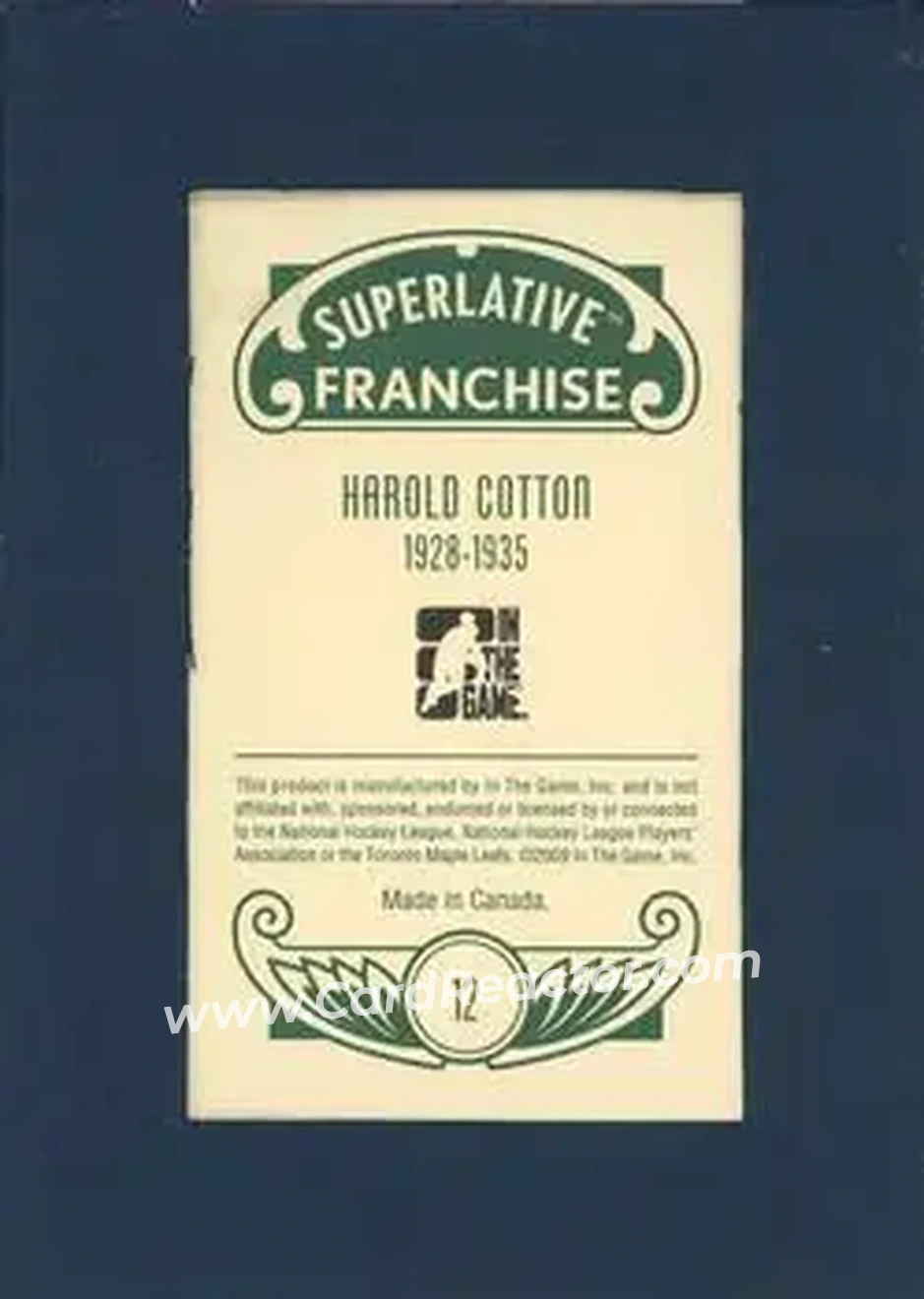 2008-09 In The Game Superlative Franchise - Vintage Base #12 - Harold Baldy Cotton - Toronto Maple Leafs - Back