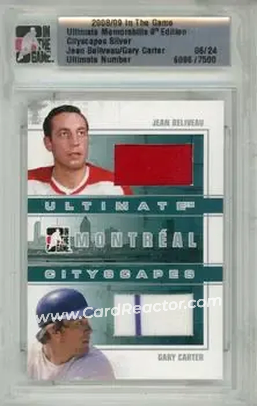 2008-09 In The Game Ultimate Memorabilia - Cityscapes #9 - Jean Beliveau - Gary Carter MEM, PR24 - Montreal Canadiens - Montreal Expos - Front