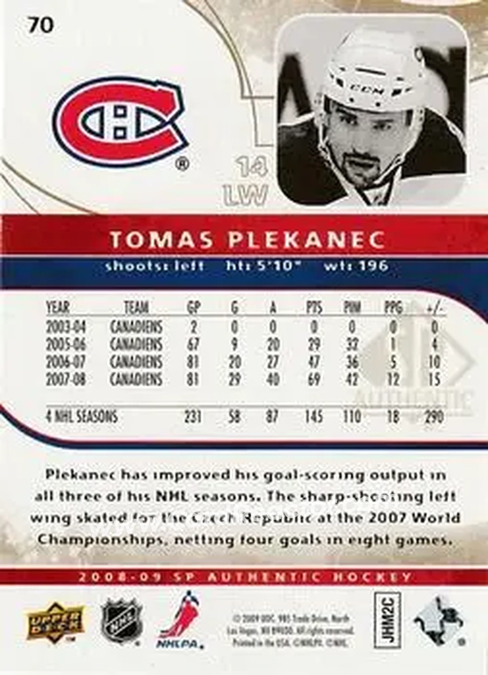 2008-09 SP Authentic - Limited #70 - Tomas Plekanec - Montreal Canadiens - Back