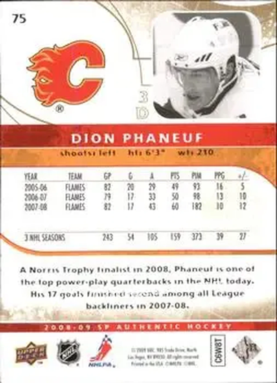 2008-09 SP Authentic - Limited #75 - Dion Phaneuf - Calgary Flames - Back