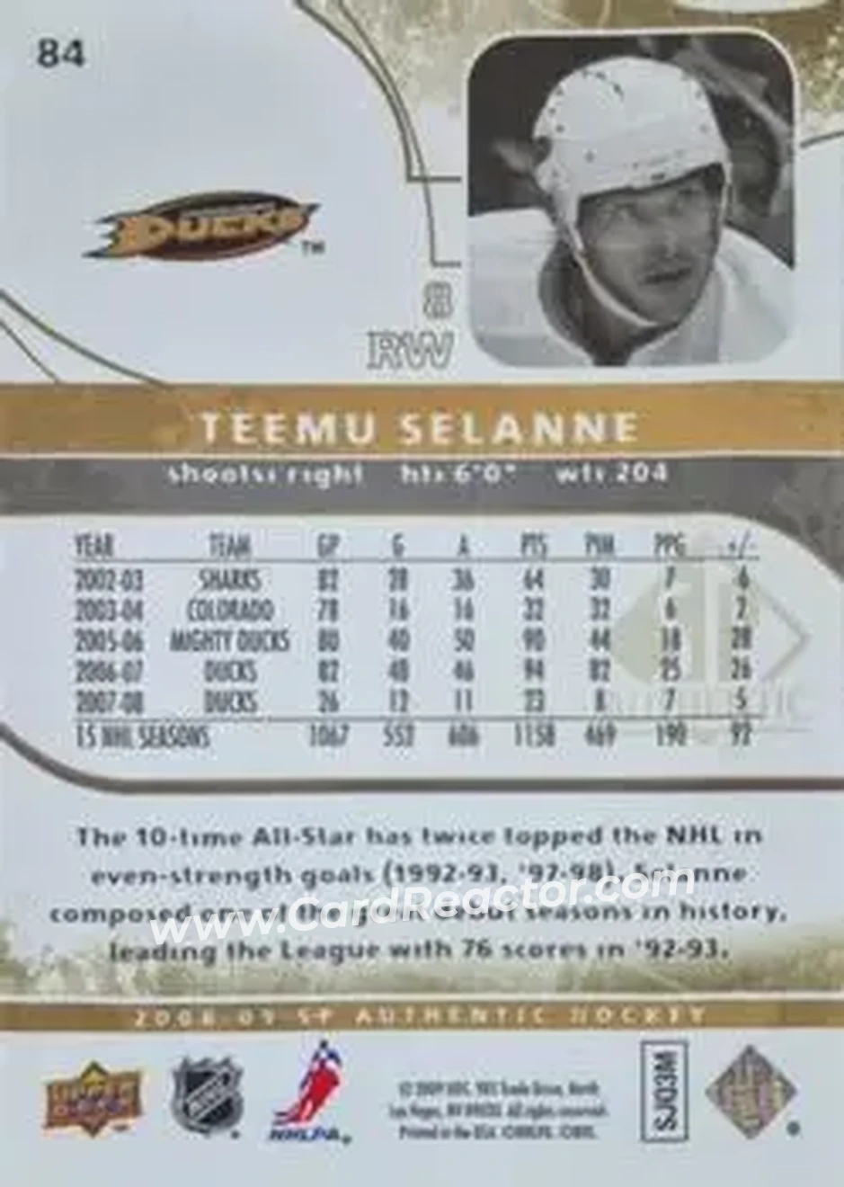 2008-09 SP Authentic - Limited #84 - Teemu Selanne - Anaheim Ducks - Back 2008-09 SP Authentic - Limited #84 - Teemu Selanne - Anaheim Ducks - Back