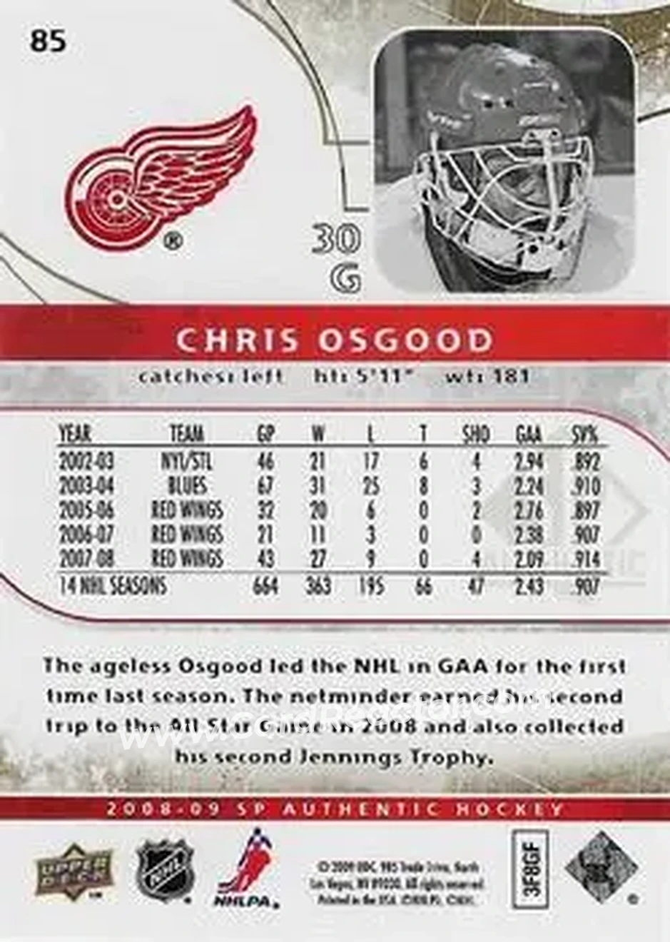 2008-09 SP Authentic - Limited #85 - Chris Osgood - Detroit Red Wings - Back