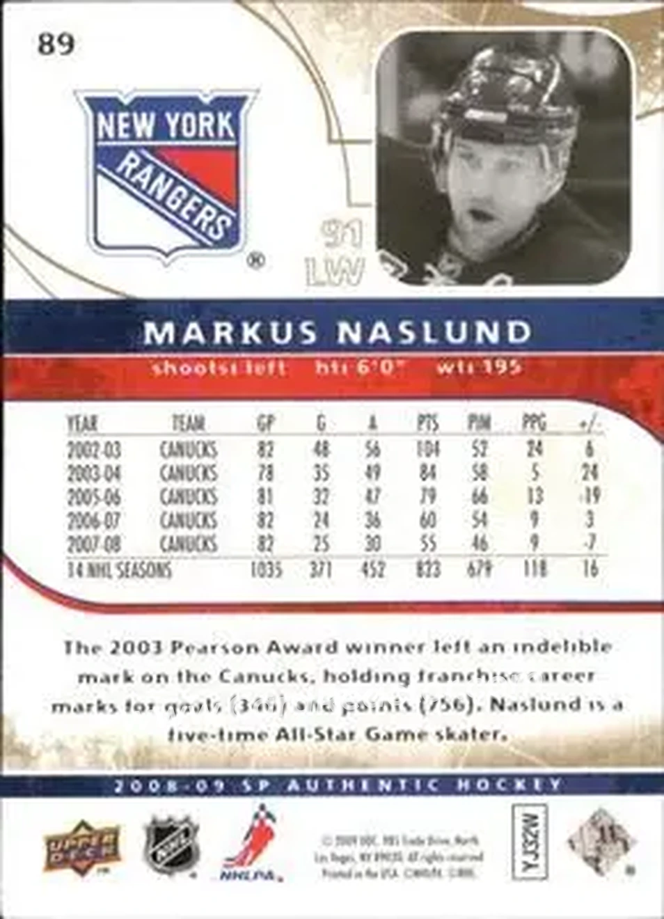 2008-09 SP Authentic - Limited #89 - Markus Naslund - New York Rangers - Back 2008-09 SP Authentic - Limited #89 - Markus Naslund - New York Rangers - Back