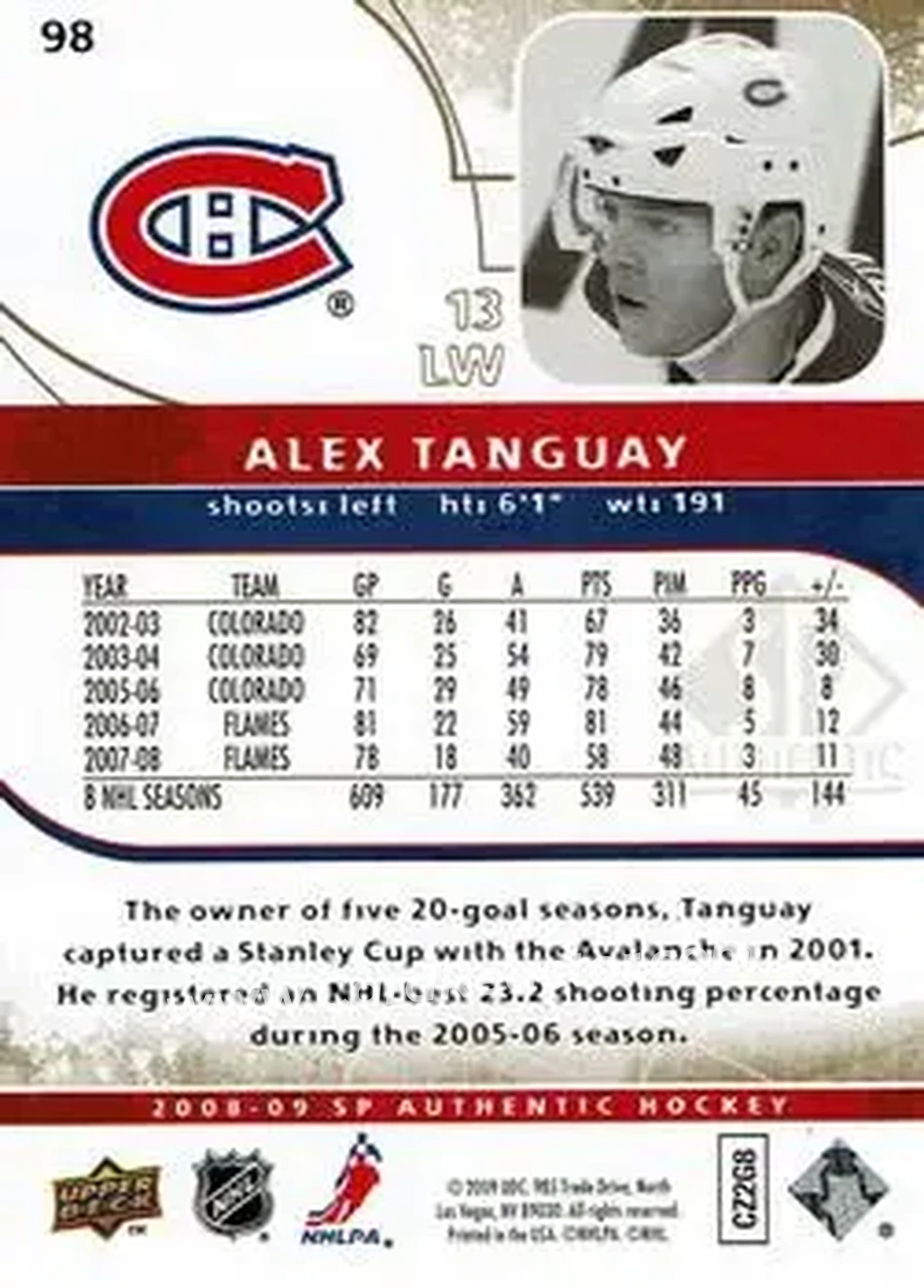 2008-09 SP Authentic - Limited #98 - Alex Tanguay - Montreal Canadiens - Back