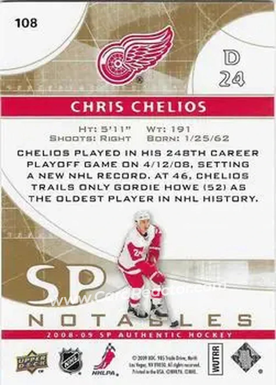 2008-09 SP Authentic - Limited #108 - Chris Chelios - Detroit Red Wings - Back