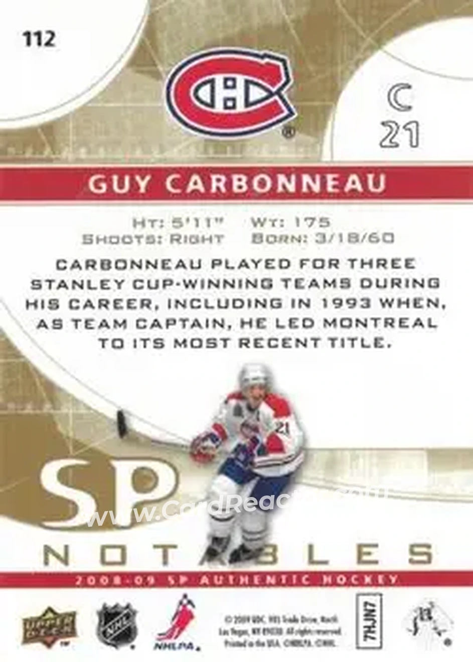 2008-09 SP Authentic - Limited #112 - Guy Carbonneau - Montreal Canadiens - Back
