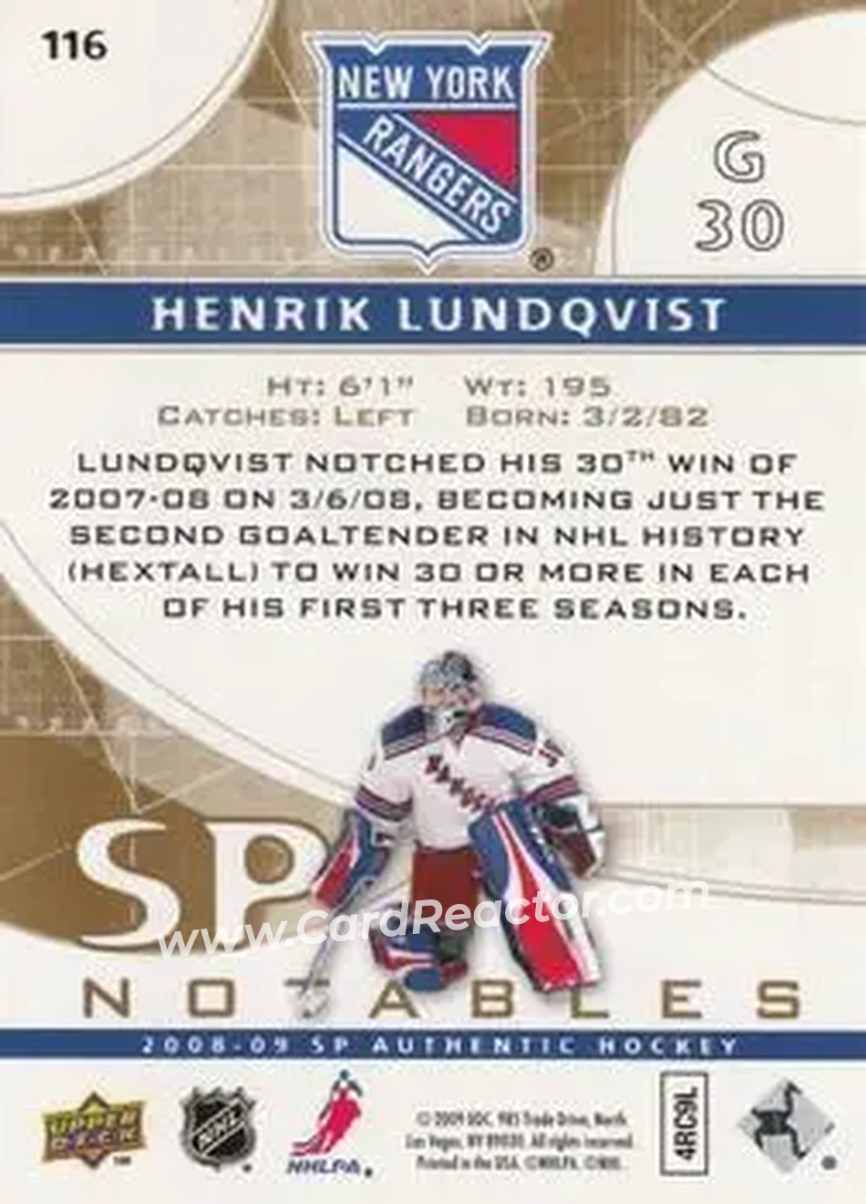 2008-09 SP Authentic - Limited #116 - Henrik Lundqvist - New York Rangers - Back