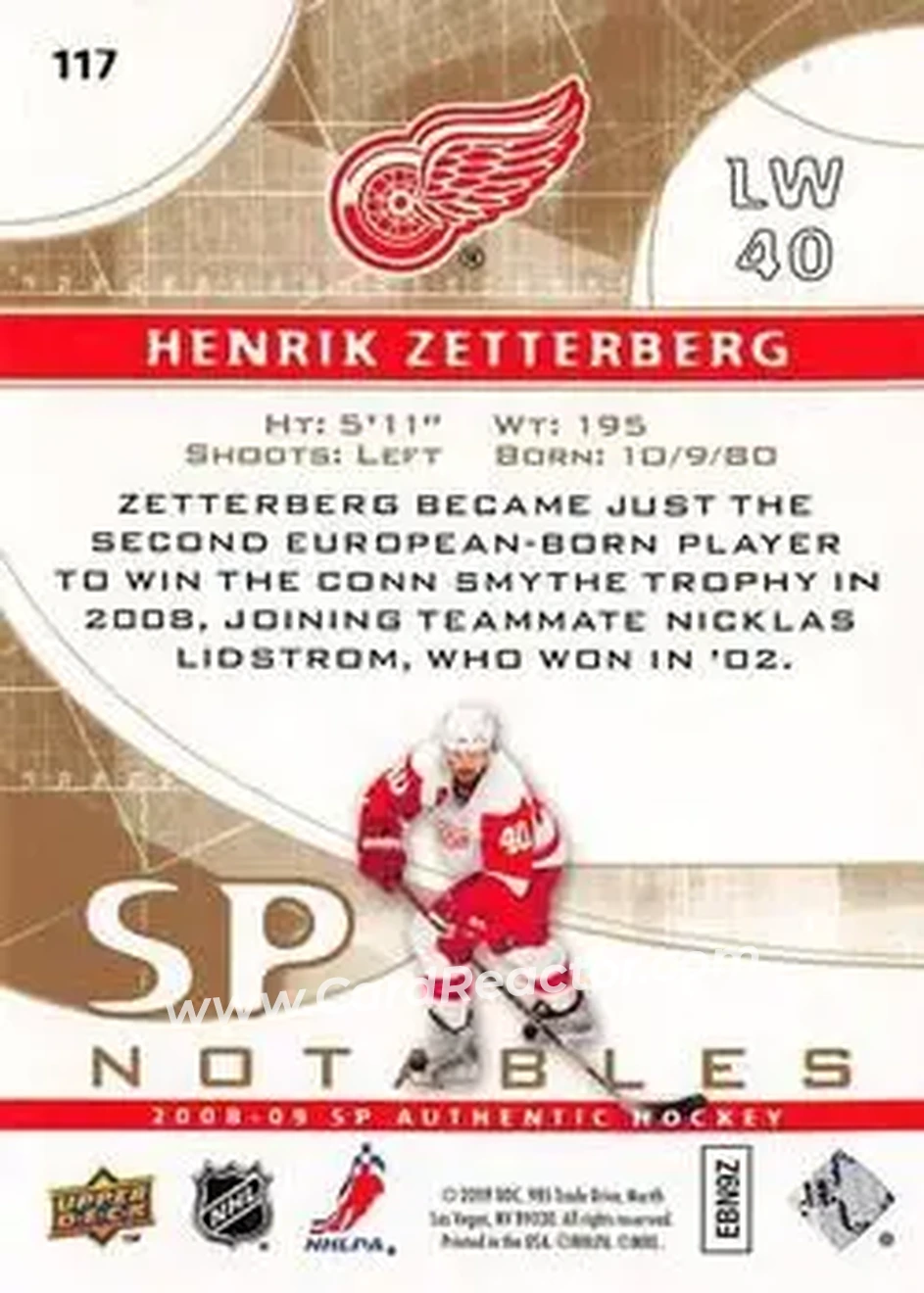 2008-09 SP Authentic - Limited #117 - Henrik Zetterberg - Detroit Red Wings - Back 2008-09 SP Authentic - Limited #117 - Henrik Zetterberg - Detroit Red Wings - Back