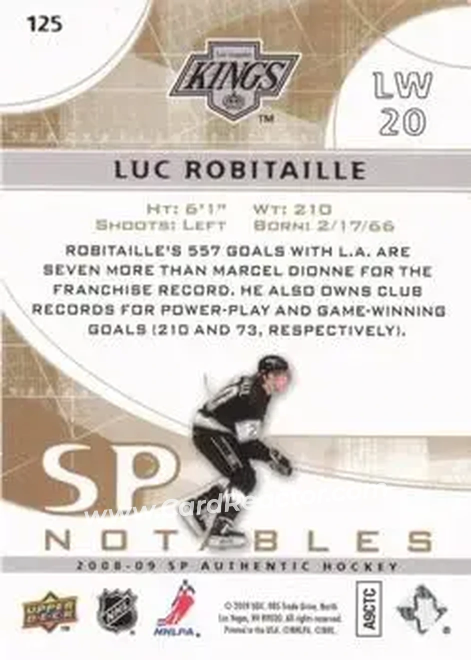 2008-09 SP Authentic - Limited #125 - Luc Robitaille - Los Angeles Kings - Back