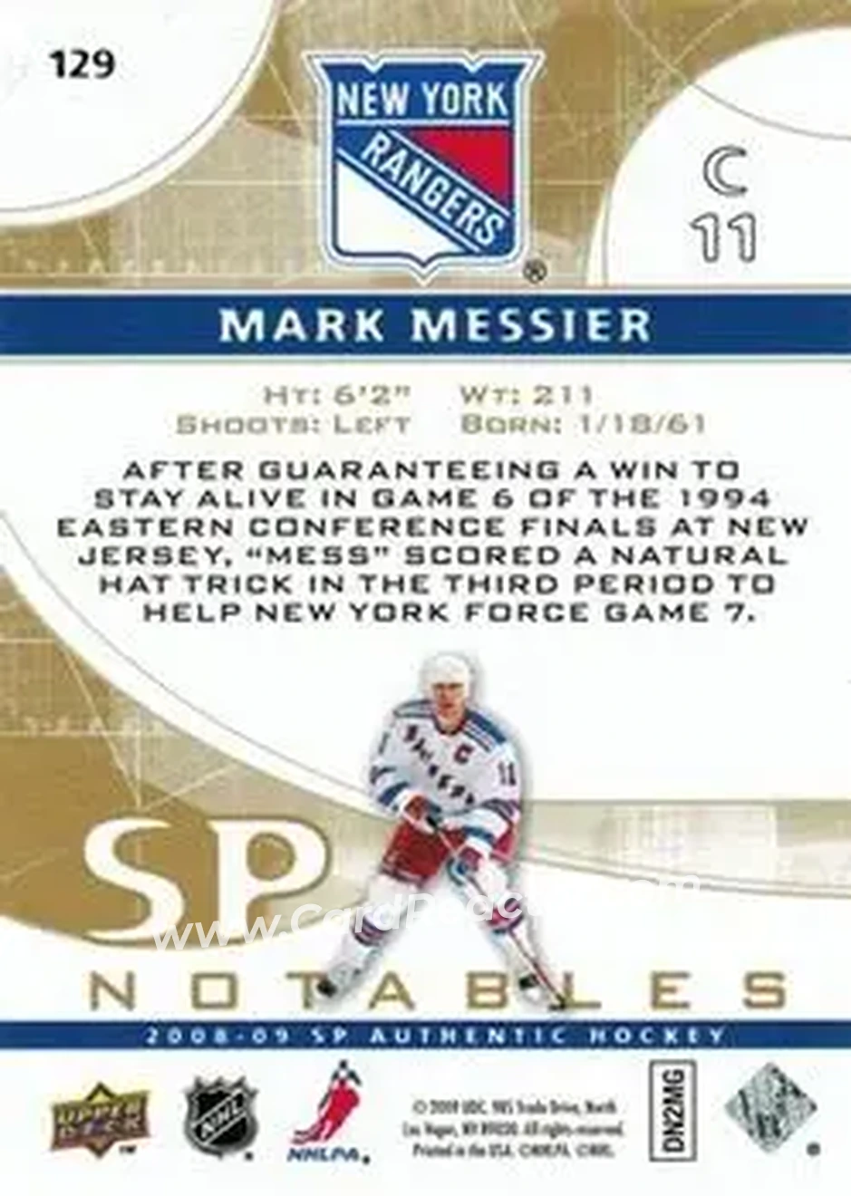 2008-09 SP Authentic - Limited #129 - Mark Messier - New York Rangers - Back 2008-09 SP Authentic - Limited #129 - Mark Messier - New York Rangers - Back