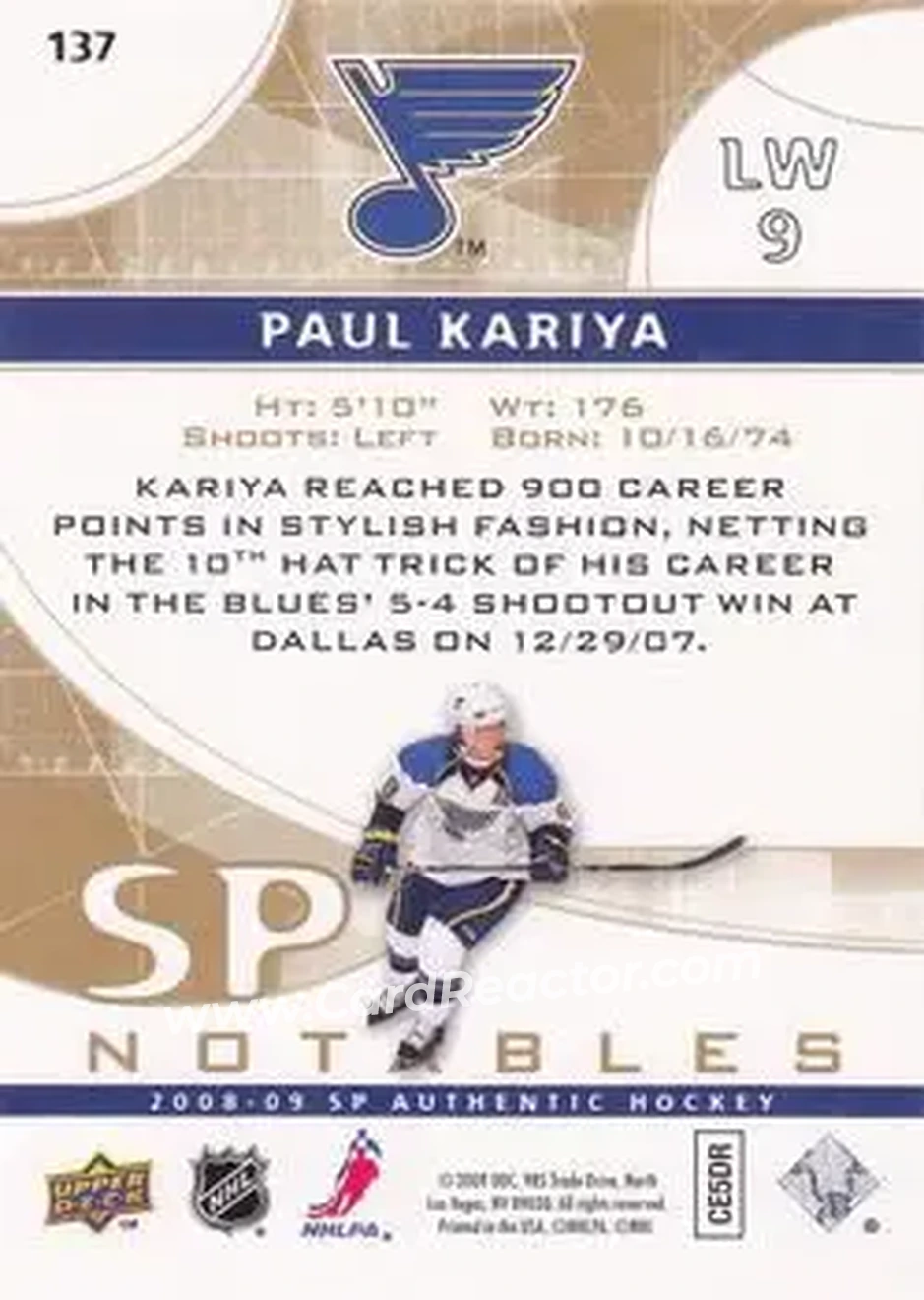 2008-09 SP Authentic - Limited #137 - Paul Kariya - St. Louis Blues - Back 2008-09 SP Authentic - Limited #137 - Paul Kariya - St. Louis Blues - Back