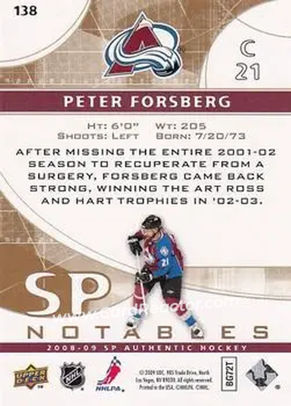 2008-09 SP Authentic - Limited #138 - Peter Forsberg - Colorado Avalanche - Back