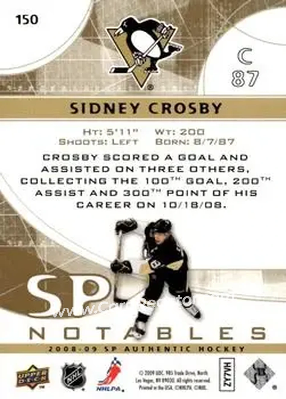 2008-09 SP Authentic - Limited #150 - Sidney Crosby - Pittsburgh Penguins - Back