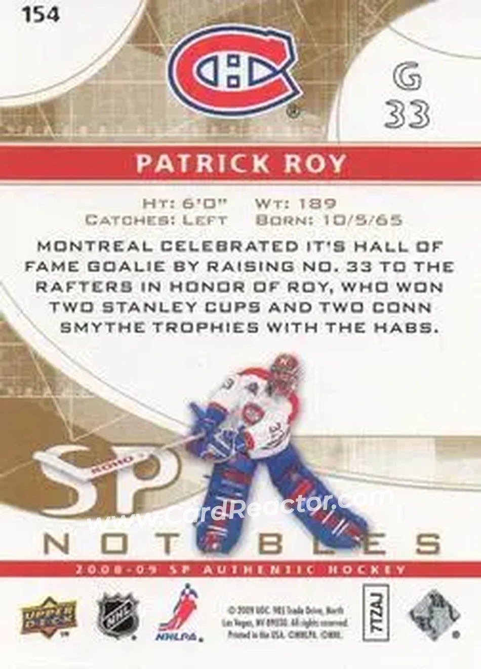 2008-09 SP Authentic - Limited #154 - Patrick Roy - Montreal Canadiens - Back