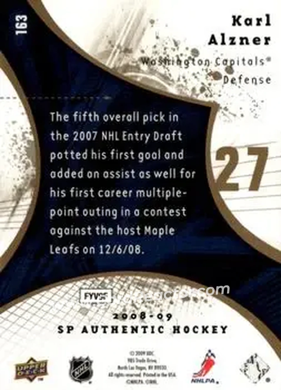 2008-09 SP Authentic - Limited #163 - Karl Alzner - Washington Capitals - Back