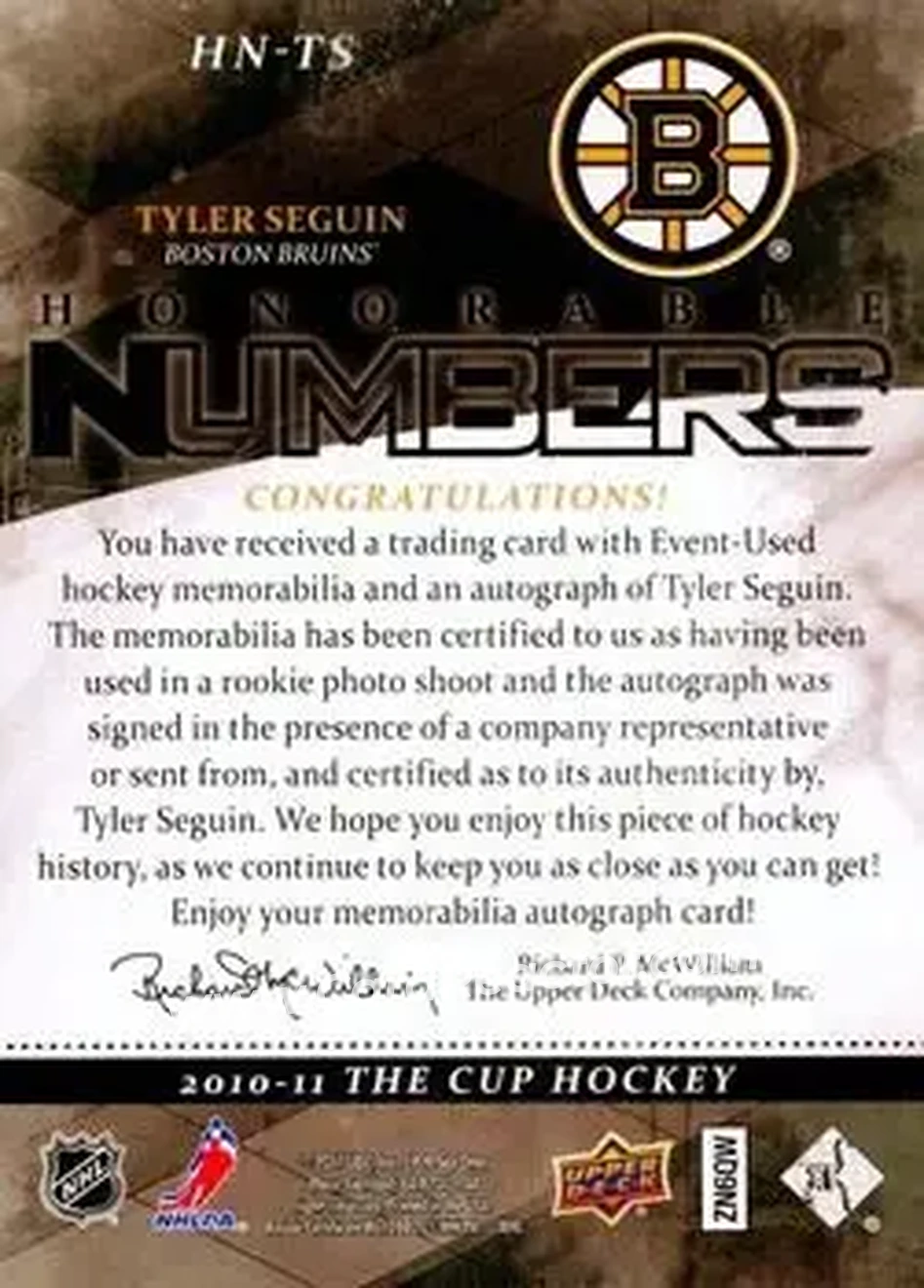 2010-11 Upper Deck The Cup - Honorable Numbers #HN-TS - Tyler Seguin - Boston Bruins - Back