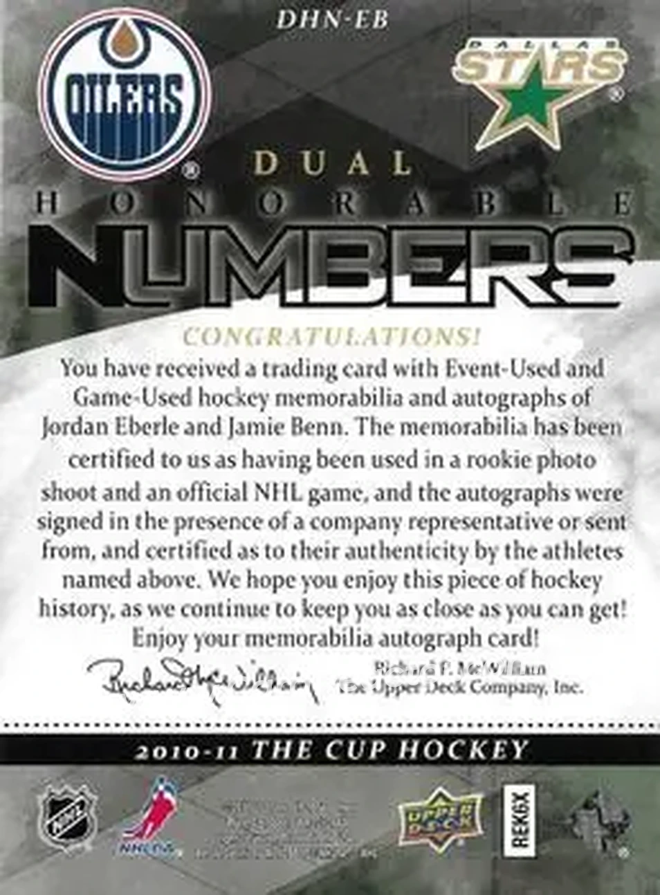 2010-11 Upper Deck The Cup - Honorable Numbers Dual #DHN-EB - Jordan Eberle - Jamie Benn AU, MEM, SN14 - Edmonton Oilers - Dallas Stars - Back