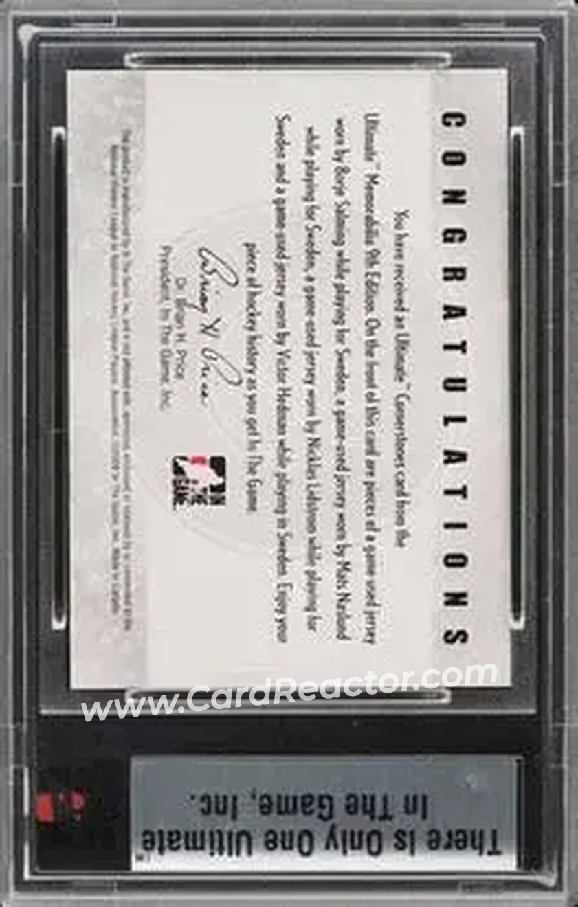 2008-09 In The Game Ultimate Memorabilia - Cornerstones Gold #8 - Borje Salming - Mats Naslund - Nicklas Lidstrom - Victor Hedman MEM, PR1 - Sweden - Sweden - Back 2008-09 In The Game Ultimate Memorabilia - Cornerstones Gold #8 - Borje Salming - Mats Naslund - Nicklas Lidstrom - Victor Hedman MEM, PR1 - Sweden - Sweden - Back