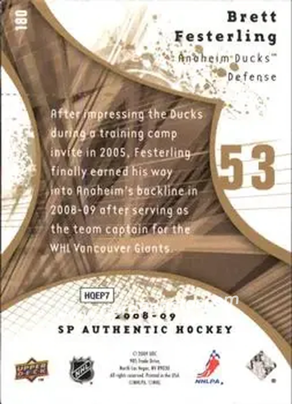 2008-09 SP Authentic - Limited #180 - Brett Festerling - Anaheim Ducks - Back