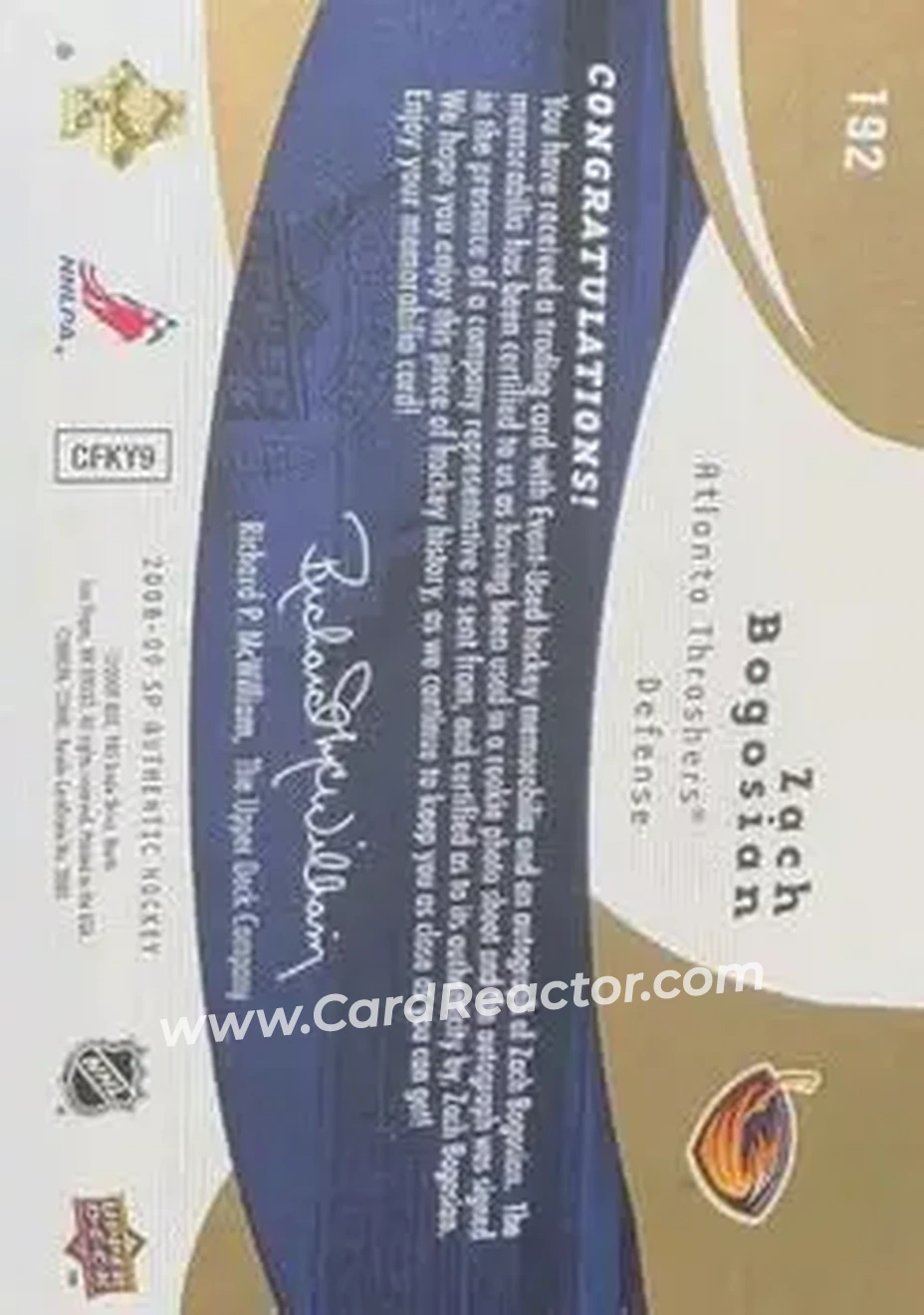 2008-09 SP Authentic - Auto Future Watch Limited Patch Variation #192 - Zach Bogosian - Atlanta Thrashers - Back