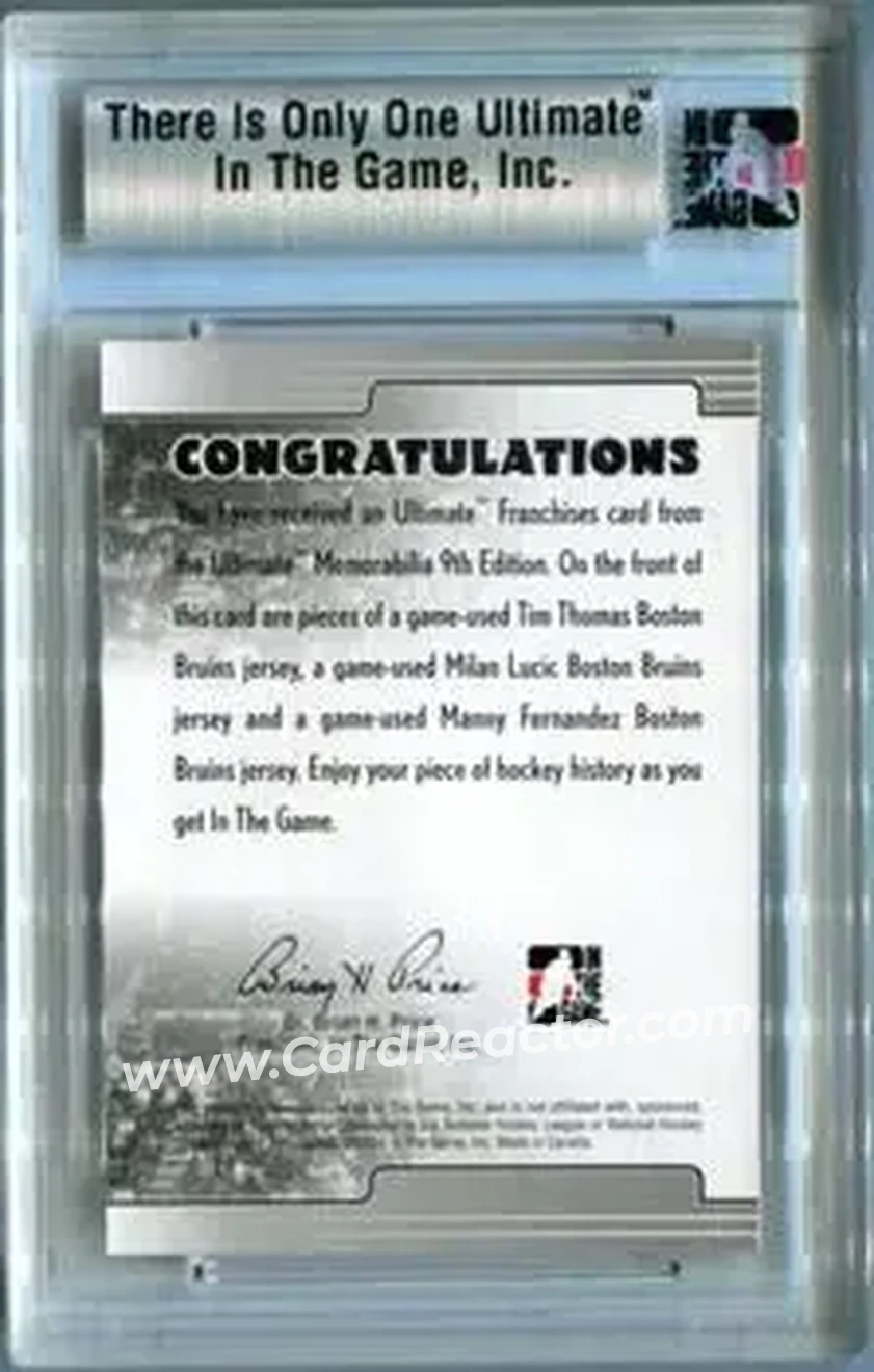 2008-09 In The Game Ultimate Memorabilia - Franchises #NNO - Tim Thomas - Milan Lucic - Manny Fernandez MEM, PR24 - Boston Bruins - Boston Bruins - Back