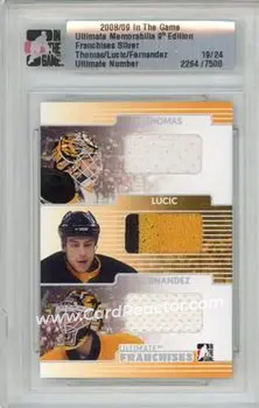 2008-09 In The Game Ultimate Memorabilia - Franchises #NNO - Tim Thomas - Milan Lucic - Manny Fernandez MEM, PR24 - Boston Bruins - Boston Bruins - Front