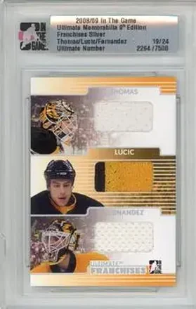 2008-09 In The Game Ultimate Memorabilia - Franchises #NNO - Tim Thomas - Milan Lucic - Manny Fernandez MEM, PR24 - Boston Bruins - Boston Bruins