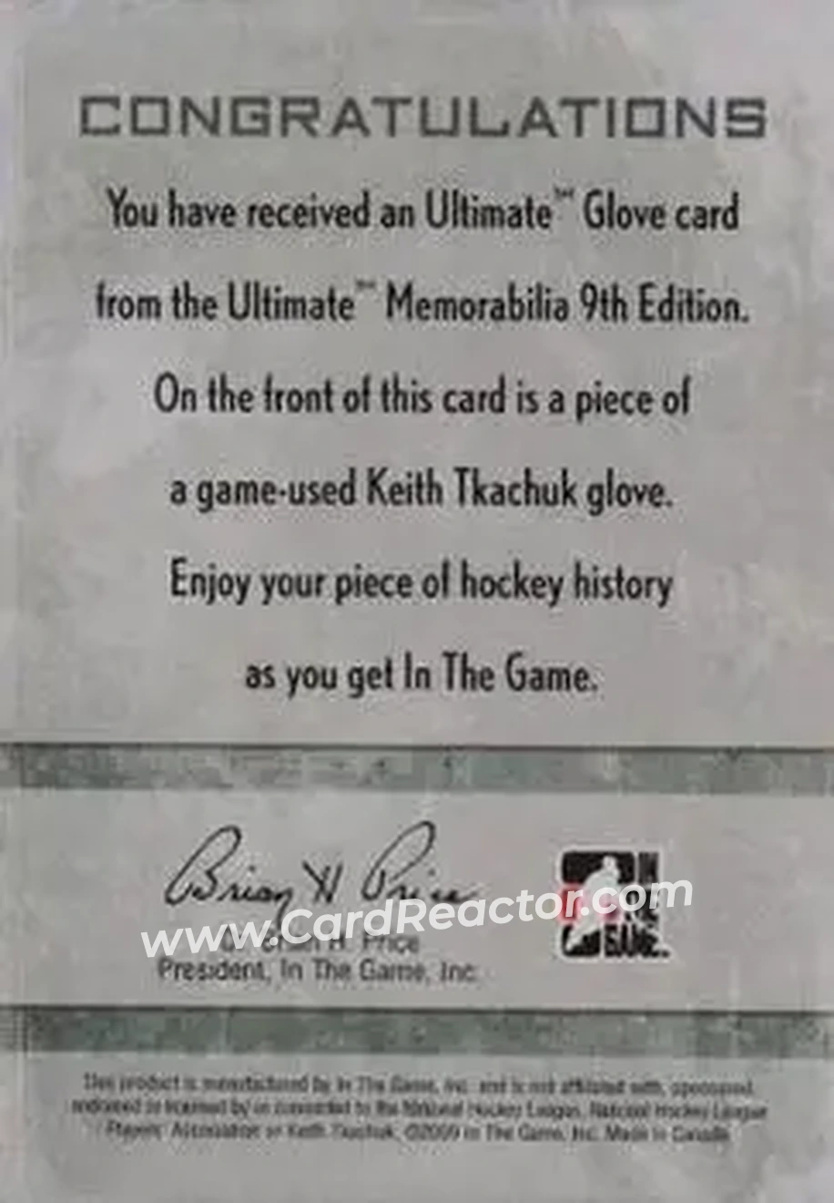 2008-09 In The Game Ultimate Memorabilia - Glove #NNO - Keith Tkachuk - Back