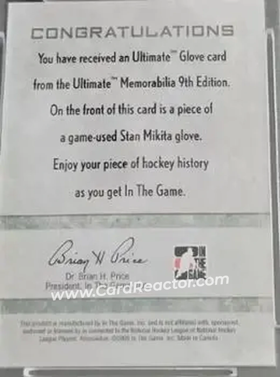 2008-09 In The Game Ultimate Memorabilia - Glove #NNO - Stan Mikita - Back