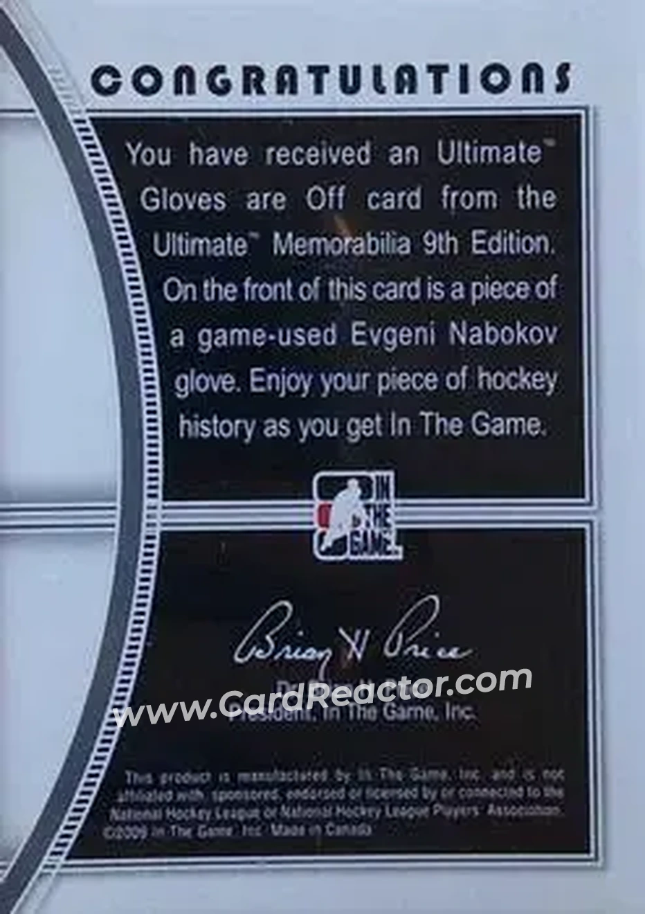 2008-09 In The Game Ultimate Memorabilia - Gloves are Off #6 - Evgeni Nabokov - San Jose Sharks - Back