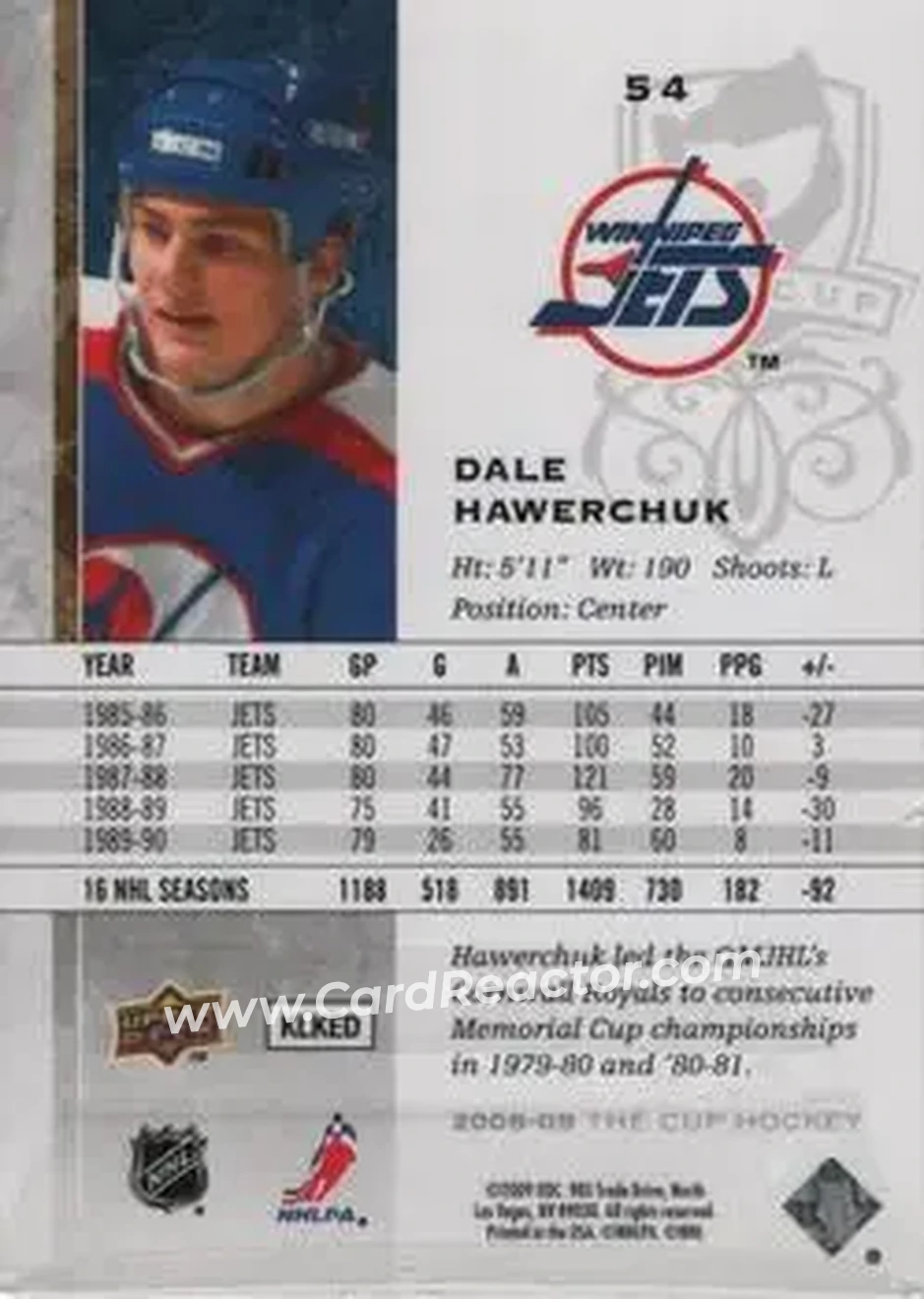 2008-09 Upper Deck The Cup #54 - Dale Hawerchuk - Winnipeg Jets - Back